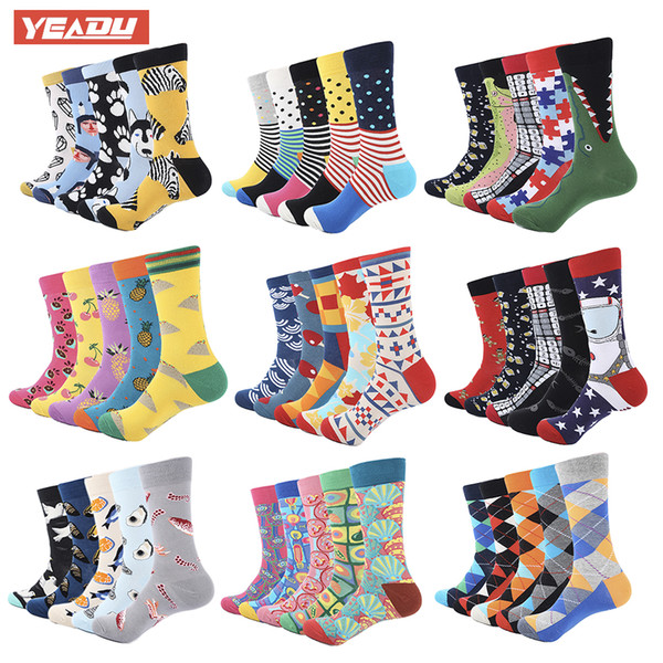 YEADU 5 Pair/Lot Colorful Funny Socks Mens Coon Novelty Painting Popular Harajuku Long Socks Kniing Crew Socks Wedding Gift