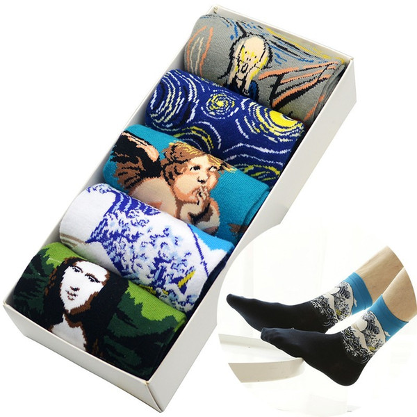 Famous Oil Painting Men Socks 5 Pair/set Retro Van Gogh Oil Painting Mona Lisa Starry Night Men Crew Socks Harajuku Street