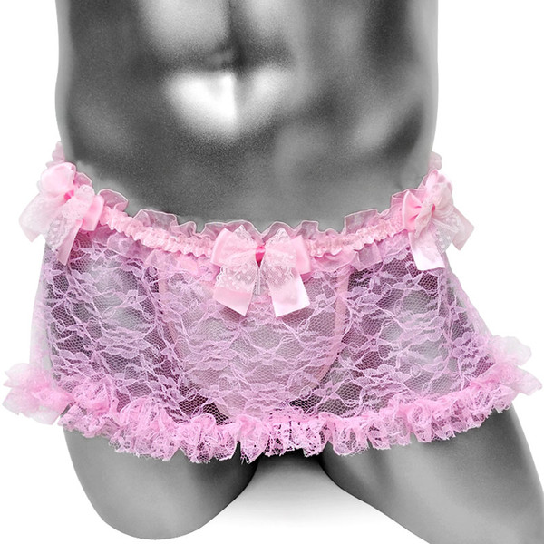 Floral Lace Sissy Thong Panties With Bow Ruffled Waist Bulge Pouch for Men Sexy Lingerie Gay Underwear Lolita Men Underpants