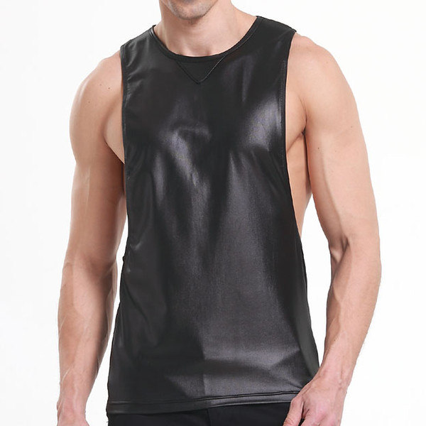 Faux Leather Mens Workout Tank Tops Fitness Bodybuilding Clothing Black Low Cut Armholes Vest Muscle Singlets Men Activewear