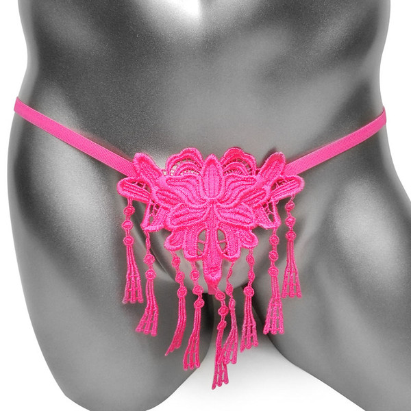 Sexy Underwear Sissy Men Panties Embroidery with Pearl Tassel Thongs Low Waist Sexy Lingerie Hot Hollow Out T-back G Strings