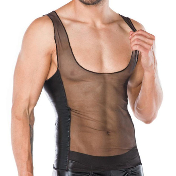 Mesh Mens Tank Tops Fashion Faux Leather Patchwork Thin Sheer High elastic Vest Harness See through Clubwear Stage Costume Tops