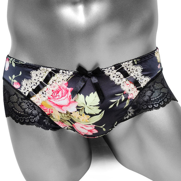 Sissy Floral Brief Panties With Bowknot Lace Sexy Men Briefs Underwear Satin Brand Sissy Panties Shiny Male Underpants