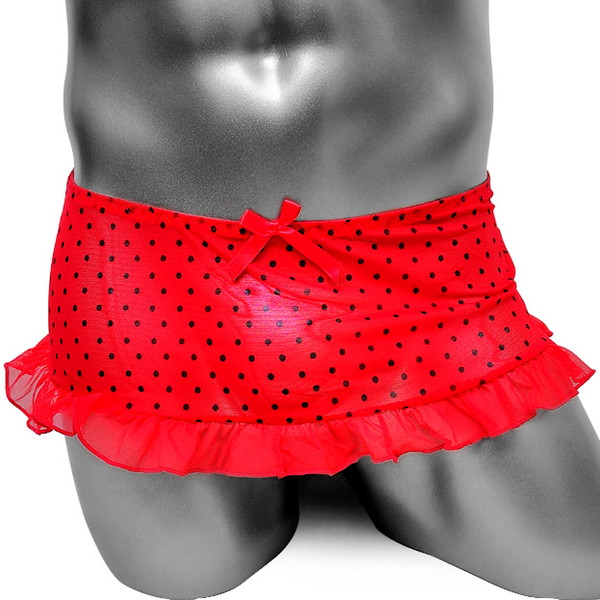 Mens Sexy Lingerie Soft Sissy Skirt Panties Gay Underwear Mesh See through Polka Dots Ruffles Underwear Skirted Panties