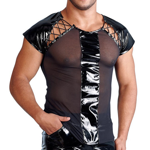 Sexy Mens Faux Patent Leather Mesh Patchwork Transparent Tank Tops Erotic Lingerie For Night Club Performence Stage Costumes