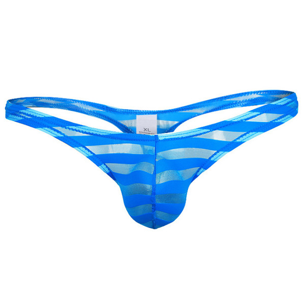 Mens Thong Bikini Pouch Underwear Sexy See Through Striped Mesh Low Rise Male G string Underpants Brand Men Mini Panites