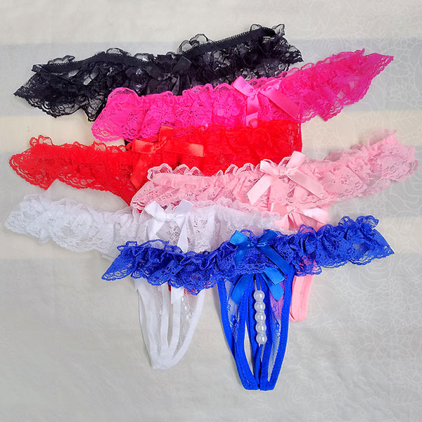 Ruffles Lace Sissy Thong Panties Sexy Underwear Penis Hole With Bow front Crotchless Gay Male G string Underpants Breathable