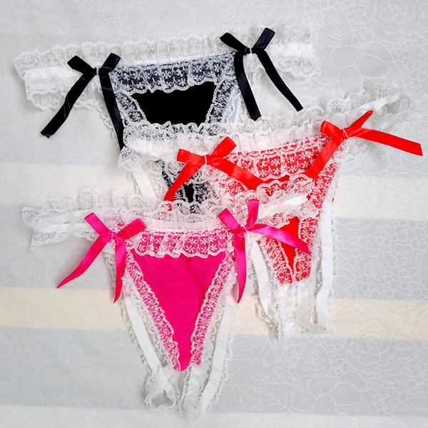 Sexy Gay Jockstraps Panties Mens Lingerie Sissy Underpants Floral Ruffle Lace Soft Low rise Bikini Open back Sissy Underwear