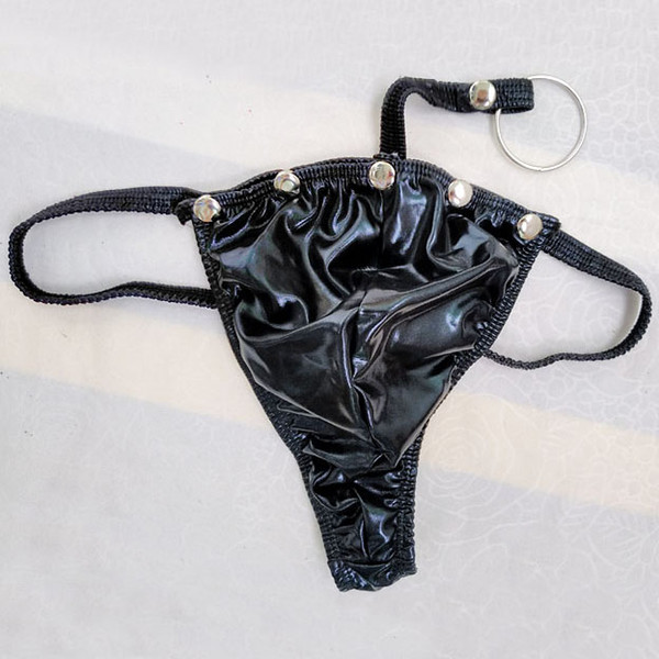 Mens Lingerie Faux Leather Gay Sexy Lingerie Underwear Openable Front Bikini G-String Exotic Underwear with Metal Ring Pouch