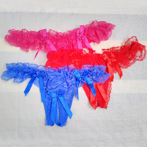 Sissy Open Crotch Panties Thong Lace Sexy Transparent Mens G string Underwear Bow Feminine Gay Underpants Low Waist Sheer Bikini