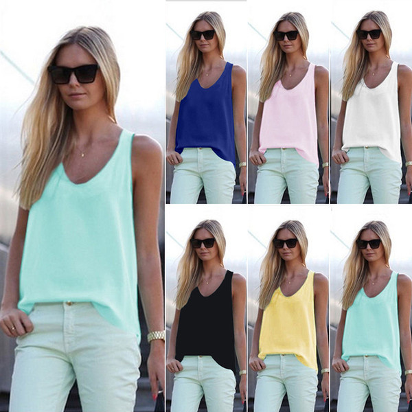 Maikun Brand New Pure Color Sleeveless Chiffon Shirt Fashion V Neck Loose Vest Tshirt for Women