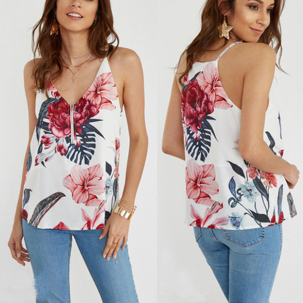 Maikun Brand New Sexy Zipper Floral Printed Chiffon Vest for Women 5 Colors 6 Sizes S-3XL