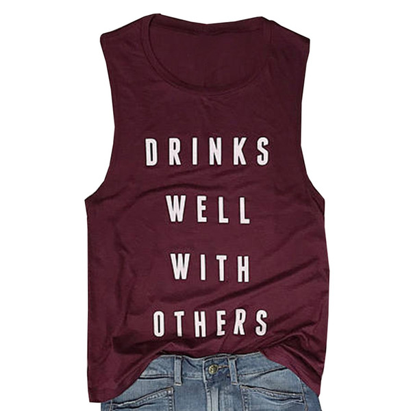 Women Casual Top Tees Drinks Well With Others Tank Dark Grey Summer Casual Letter Printed Sleeveless Tank Tops