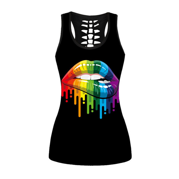NEW Fashion Women's Hollow out Tank Tops Terror Sexy Lips 3D Printing Women/Girls Goth Black Backless Vest Club Tops