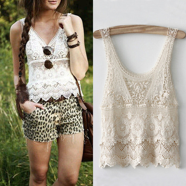 Boho Women Hippie Lace Crochet Summer Tank Tops Loose Casual Ladies Blouse Shirt Hot New Sweet Bohemia Hallow Out Floral Vest