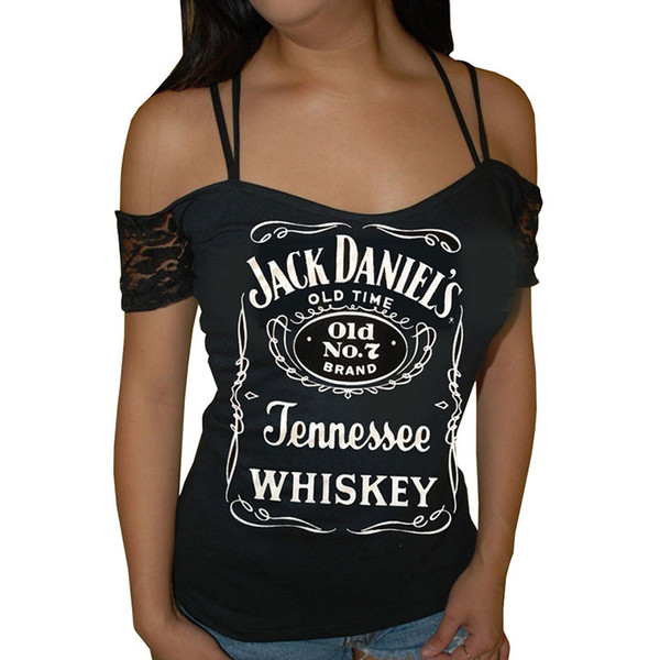 6 Colors Women Sexy Off Shoulder Short Sleeve Blouse JACK DANIELS Whiskey Print Lace Patchwork Spaghetti T Shirts Slim Casual