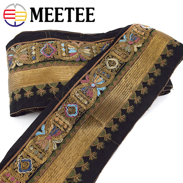 Meetee 13cm Embroidered Lace Trims New fashion retro Ethnic Gold Thread Sequins Webbing Clothing Decorative DIY Sewing Accessories RC120