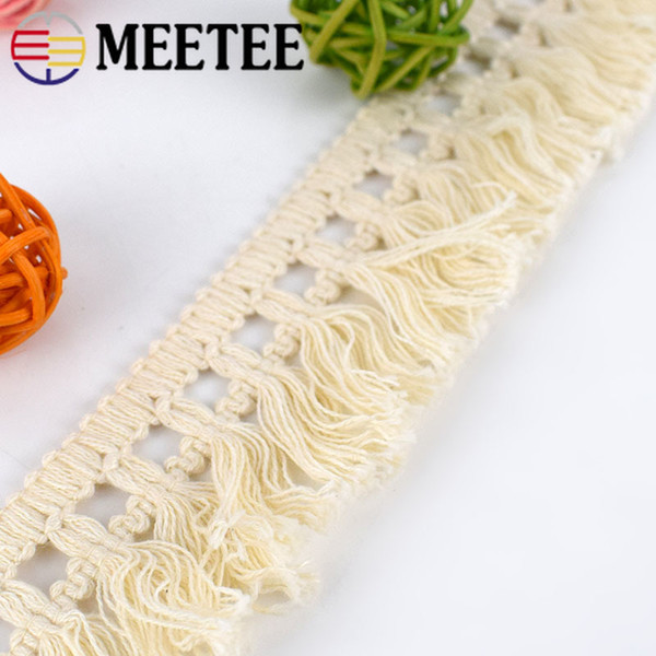 Meetee 5cm Wide Beige Cotton Fringe Lace Trim Fabric Tassel Ribbon DIY Sewing Curtain Lace Home Decor Garment Craft Material AP369