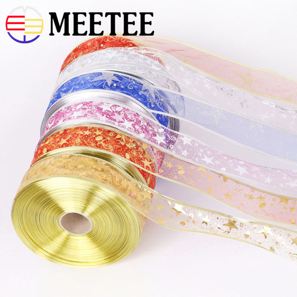 Meetee 5cm Bling Star Printed Organza Christmas Gift Package Ribbon DIY Holiday Home Decoration Webbing Craft Sewing Accessory BD449