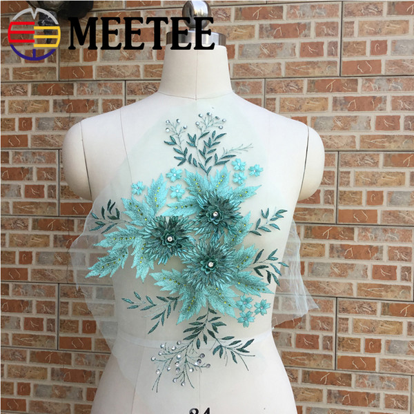 Meetee 39X27CM Multicolor Mesh Embroidery Lace Applique Sequins Fabric Flower Rhinestone Lace Trims Costume Collar Sewing Lace Trimmings