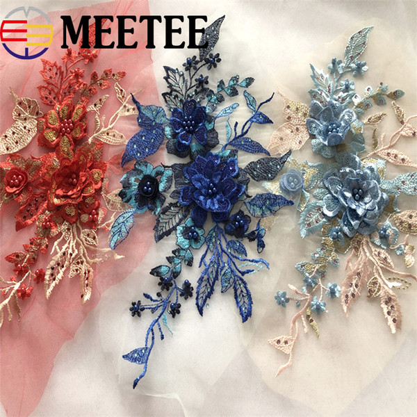 Meetee 3D Flowers Sequins Bead Lace Applique Mesh Embroideried Rhinestone Lace Trims Fabric For Wedding Dress Decoration KY909