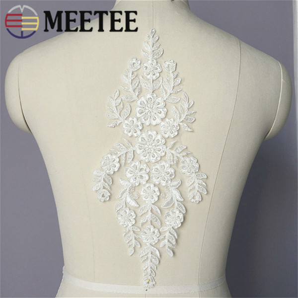 MEETEE Beige white beads lace flower Fabric Embroidery Applique couture Wedding Dress cloth Accessories Handmade DIY 30.5cm*14cm