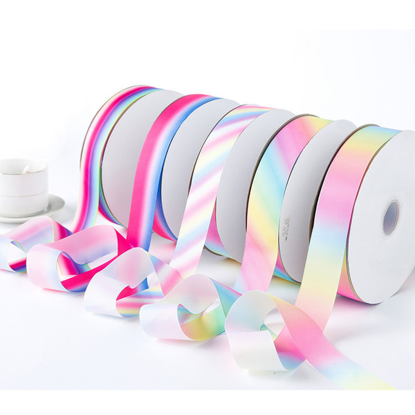 Meetee 2.5cm Polyester Grosgrain Ribbon Gradient Rainbow Printing Thread DIY Bow Ribbon Hair Packaging Gift Decoration AP3588