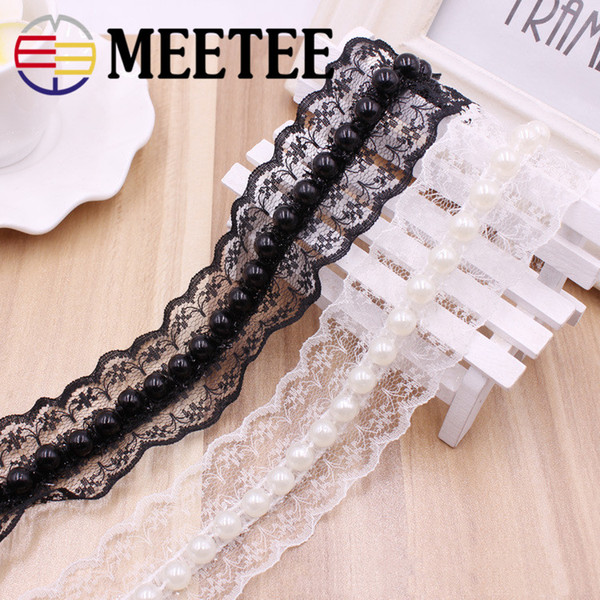 Meetee Pearl Lace Trim Fabric 40mm Handmade Beading Lace Ribbon Sewing Wedding Decoration Doll DIY Materail C6-3