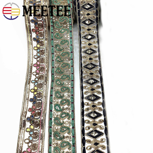 Meetee Ethnic Gold Thread Embroidered Lace Sequins Webbing Ribbons Tape For Shoes Dress Decoration DIY Sewing Accessories