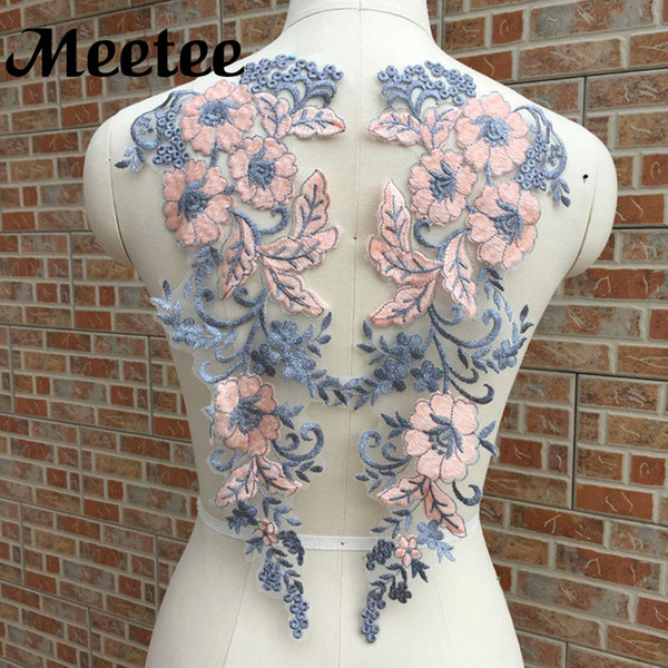 Meetee Floral Mesh Lace Applique Embroidered Sew On Lace Trims For Clothes Wedding Bridal Headdress Lace Fabric DIY Sewing Crafts