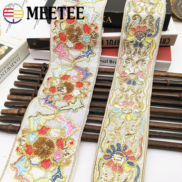 Meetee Ethnic Gold Thread Sequins Lace Trims Fabric Shoes Dress Decorative Embroidered Webbing Tape DIY Sewing Accessories RC156