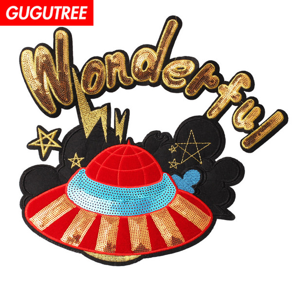 GUGUTREE embroidery paillette big ufo patches wonderful patches badges applique patches for clothing