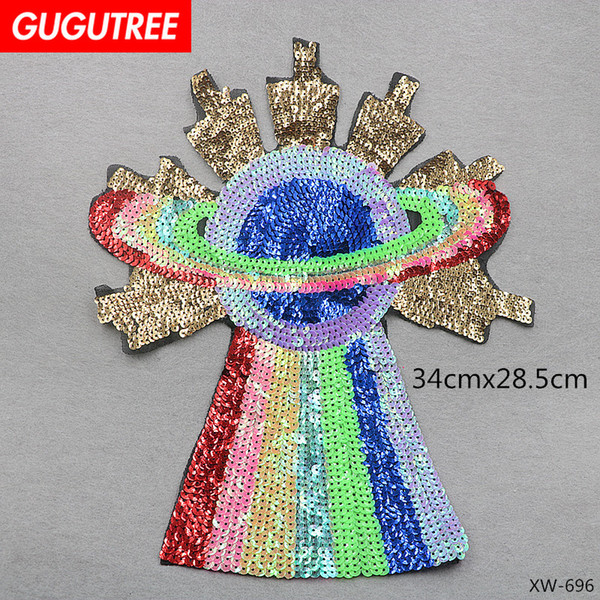 GUGUTREE embroidery sequins big ufo patches space patches badges applique patches for clothing BP-598