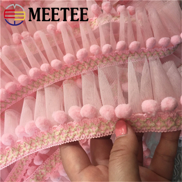 Meetee Pink Mini Trim for dress pom Mesh ruffle organza Handmade Pompom Ball Lace Ribbon DIY clothing Sewing Accessories