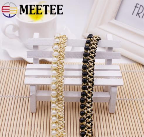 Meetee 1.5cm Beaded Pearl White Gold TrimsLace Ribbon Trim for Home DIY Clothes Sewing Wedding Crafts Decoration C6-2