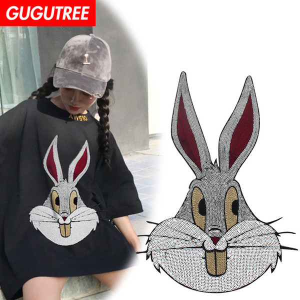 GUGUTREE embroidery big rabbit patches animal patches badges applique patches for clothing BP-354