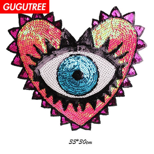 GUGUTREE embroidery paillette big love heart patches eyes patches badges applique patches for clothing