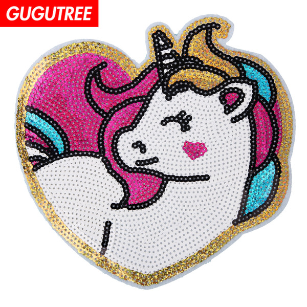 GUGUTREE sequins embroidery big patches unicorn patches badges applique patches for clothing BP-658