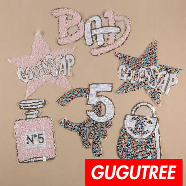 GUGUTREE sequins embroidery big patches star patches badges applique patches for clothing BP-644