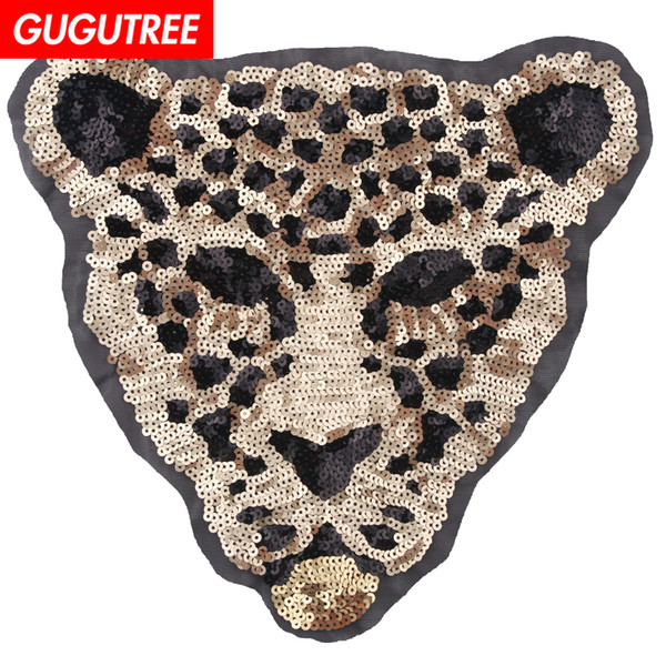 GUGUTREE embroidery paillette big leopard patches sequins animal patches badges applique patches for clothing