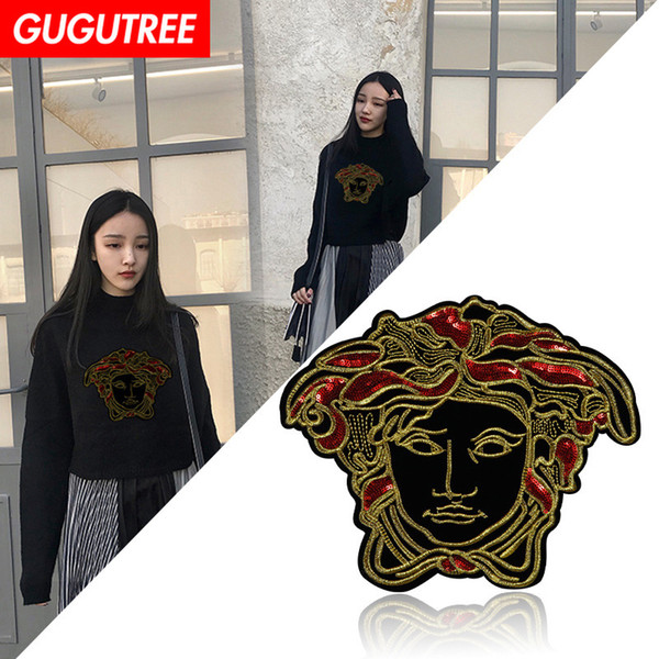 GUGUTREE embroidery sequins big women patches face patches badges applique patches for clothing BP-174