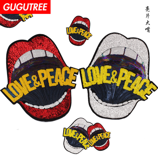 GUGUTREE embroidery paillette big lip patches sequins mouth patches badges applique patches for clothing