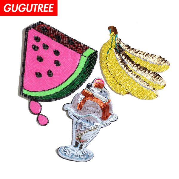 GUGUTREE embroidery sequins big watermelon patches banana patches badges applique patches for clothing BP-23