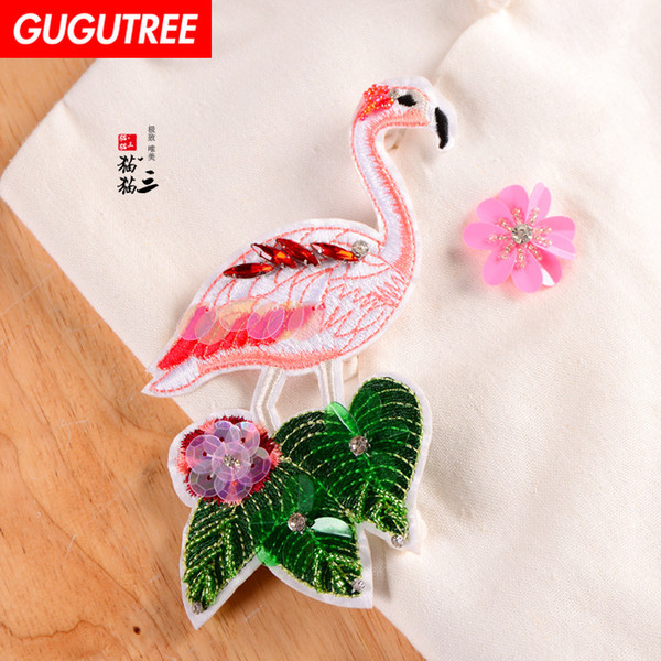 GUGUTREE beaded flamingo patches,crystals diamonds Insects Sequined Applique Patch for Coat,T-Shirt,hat,bags,Sweater,backpack BDP-36