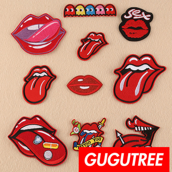 GUGUTREE embroidery lip patches badge patch Applique Patch for Coat,T-Shirt,hat,bags,Sweater,backpack SP-257