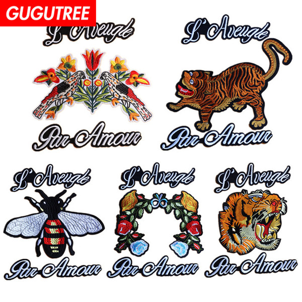 GUGUTREE embroidery big tiger bee patches bird flower patches badges applique patches for clothing BP-22