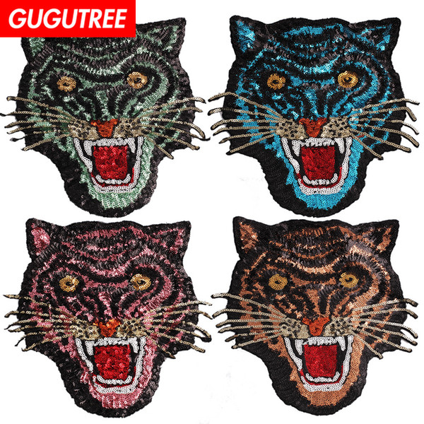 GUGUTREE embroidery paillette big tiger patches sequin leopard patches badges applique patches for clothing