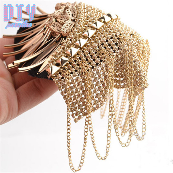 2pcs Gold Handmade Fashion Tassel Chain Shoulder Board Badges Beads Fabric Metal Epaulette Military Pin on Brooch Medal