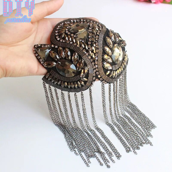 2pcs Handmade Fashion Rhinestone Tassel Chain Shoulder Board Badges Beads Fabric Metal Epaulette Military Pin on Brooch Medal