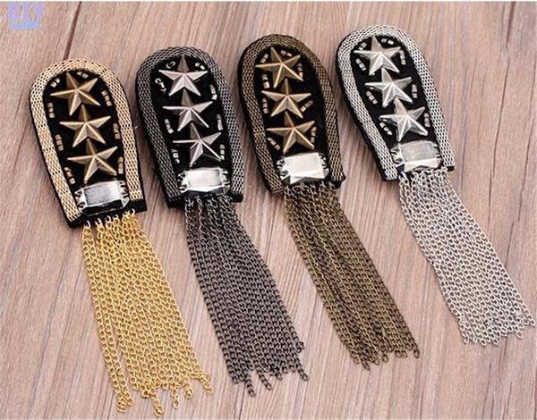 2pcs Vintage Five Star Tassel Chain Shoulder Board Badges Beads Fabric Metal Epaulet Epaulette Military Pin on Brooch Medal